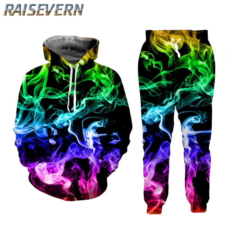 RAISEVERN 3D Bunte Rauch Hoodies Anzüge Herren Sweatshirt Jogger Lustige Harajuku Druck Set Herbst Winter Unisex 3D Trainingsanzug Hose