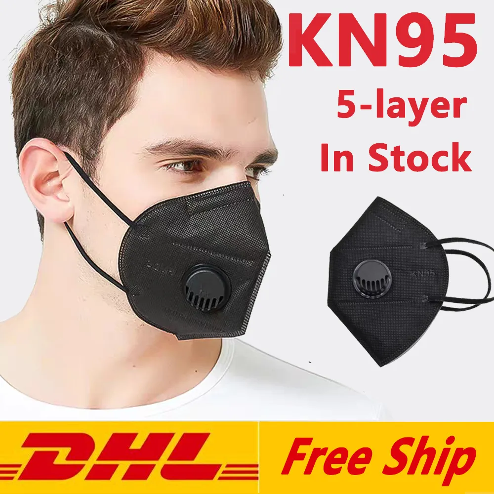 Máscaras nave libre de DHL KN95 Negro Cara de 5 capas Con máscara de respiración de la válvula desechable Tela a prueba de polvo a prueba de viento del respirador anti-niebla al aire libre