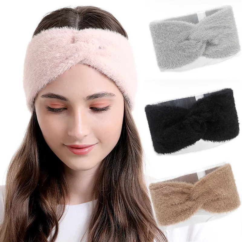 Haimeikang Knot Fasce Autunno Inverno Imitazione Visone Cashmere Solido Fluffy Bow Fasce per Capelli Semplice Fatto a Mano Caldo Fascia da Donna