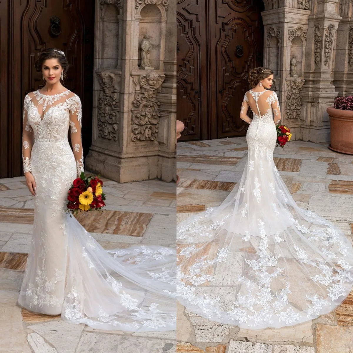 Kitty Chen 2021 Abiti da sposa Applique in pizzo Sirena Abiti da sposa Custom Made Manica lunga Bottone Indietro Abito da sposa Vestidos De Novia