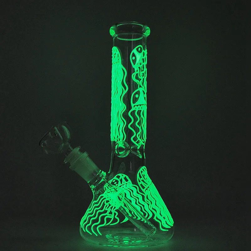 Glow In The Dark Glass Bong Straight Tube 18 mm Female Join Herbal Water Pipes Beaker Hookahs With Diffused Downstem DHL Free