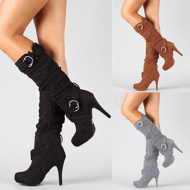 2019 Sexy Knee High Woman Boots Тонкая высокая каблука Круглая Носок Платформа Мода Дамы PU Кожаные Ботинки Размер 34-43 Леди Обувь Y200723