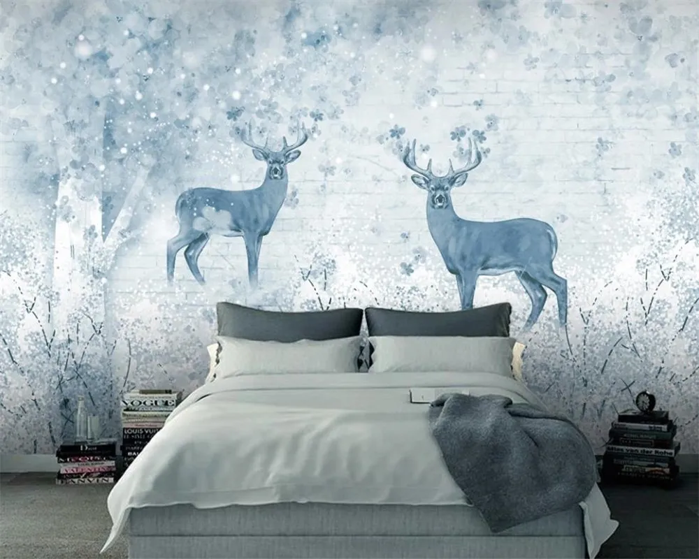 3D動物の壁紙3Dモダンな壁紙縁起の良い鹿の青い森のレトロリビングルームベッドルームの壁の覆いHD 3Dの壁紙