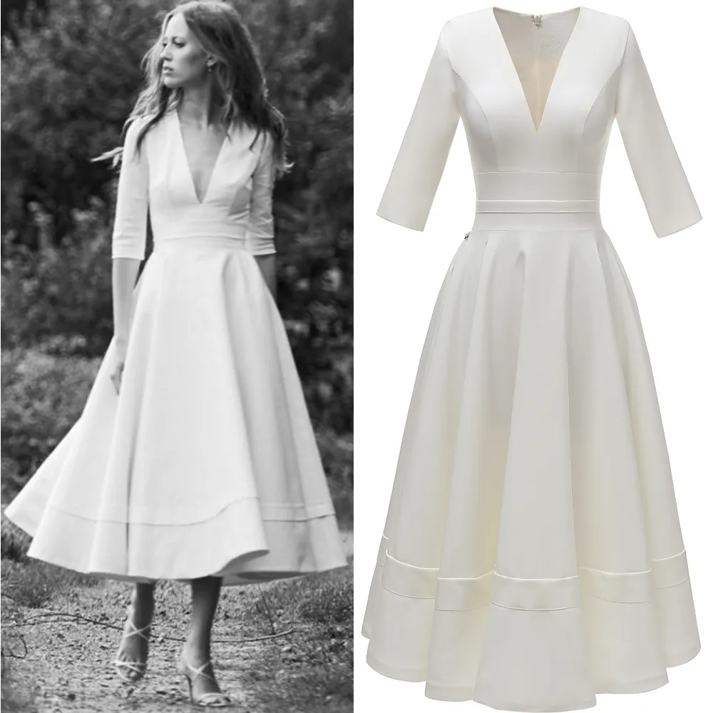 Vintage Bröllopsklänningar Brudklänningar En Linetea Längd Vit Mjuk satin Half Sleeve Deep V Neck Garden Bride Dress