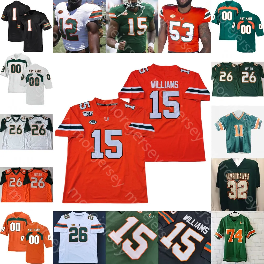 Niestandardowe Miami Hurricanes Piłka nożna Jersey NCAA College Rousseau Jarren Williams Dallas Jeff Thomas Cam'ron Harris Jim Kelly K.j. Osorn Perry.