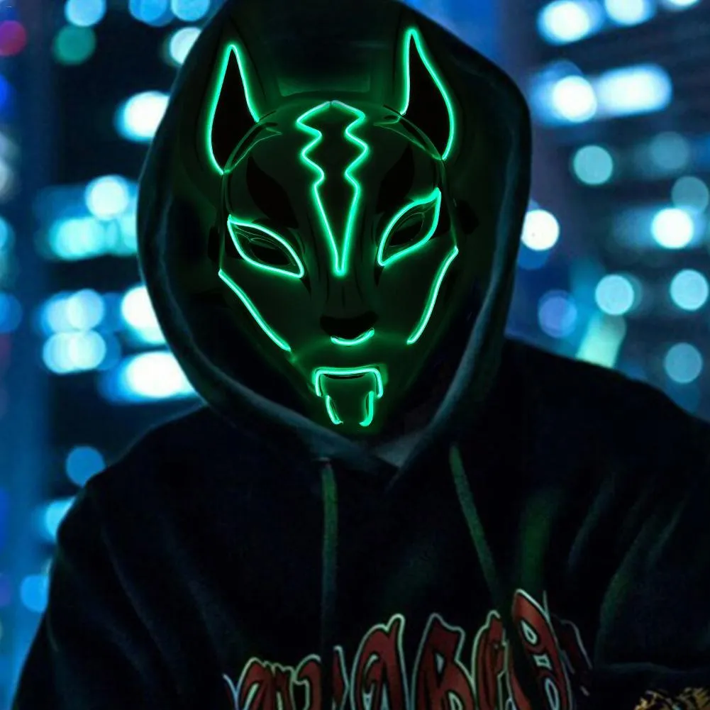 Erkekler Kadınlar Cadılar Bayramı Korku Fox Neon Maskesi El Tel LED Işık Up Tam Kedi Yüz Cosplay Kostüm Festivali Parti Malzemeleri