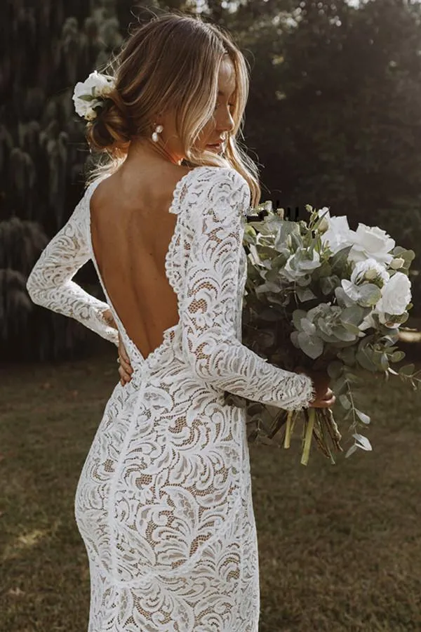 Bohemian Lace Backless mermaid wedding Gown 2021 with Backless Design, Long Sleeves, and Custom Fit - Country Style Bridal Gown