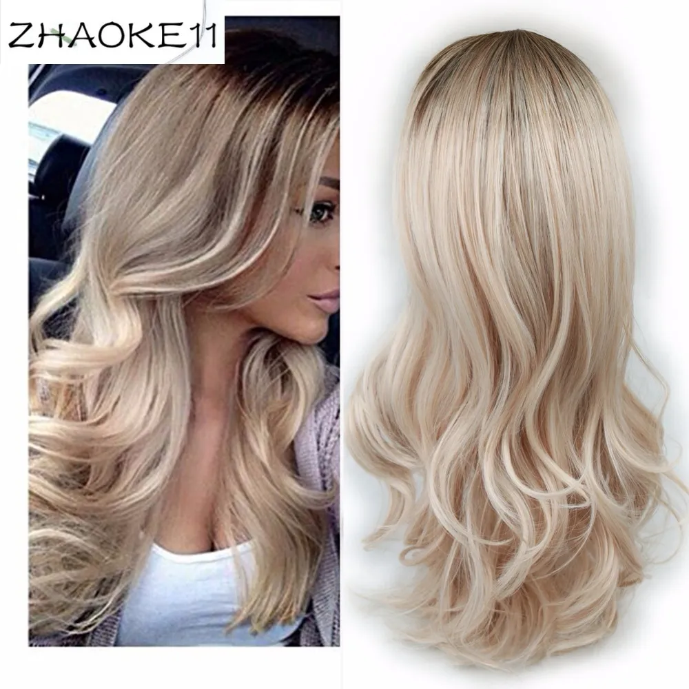 Wignee Long 2 Tone Ombre Brown Ash Blond Temperatur Syntetiska Paryker För Svart / Vit Kvinnor Gluslös Vågig Daglig / Cosplay Hair Wig