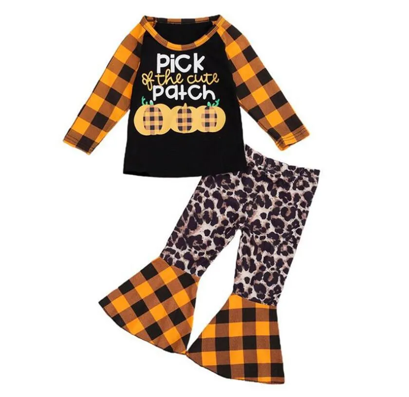 Halloween enfants costume choisir citrouille orange plaid 2 pièces ensemble T-shirt à manches longues + pantalon évasé à la mode Infant Baby Playsuit D9402