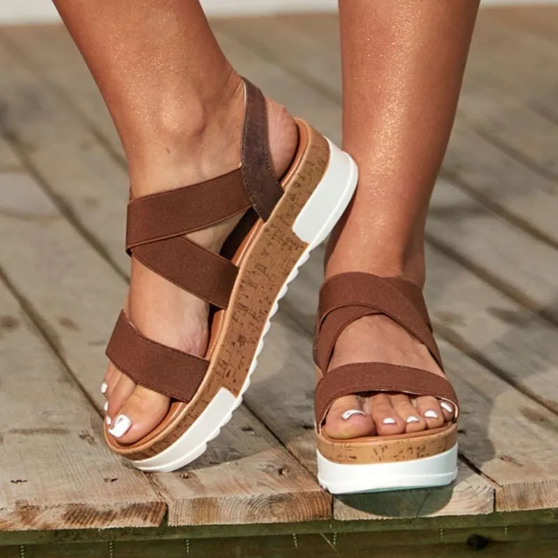 Sandales Plateforme Femmes Summer Beach Chaussures Open Toe Casual Coin décontracté Cork Sangle élastique # G3