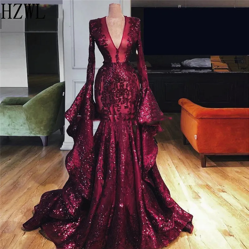 2020 Dubai Abaya Turkiska Aftonklänning Lång PageDA Sleeves Prom Dresses V Neck Pagant Party Gowns Robe de Soiree Longue