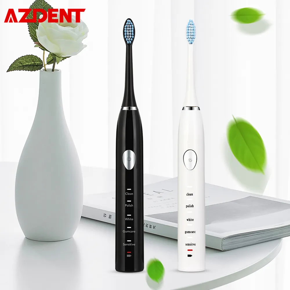 AZ-8 5 ModeS Sonic Electric Toothbrush USB Rechargeable Waterproof Teeth Cleaner 4 Heads 30S Reminder 2 min Shutdown Black White