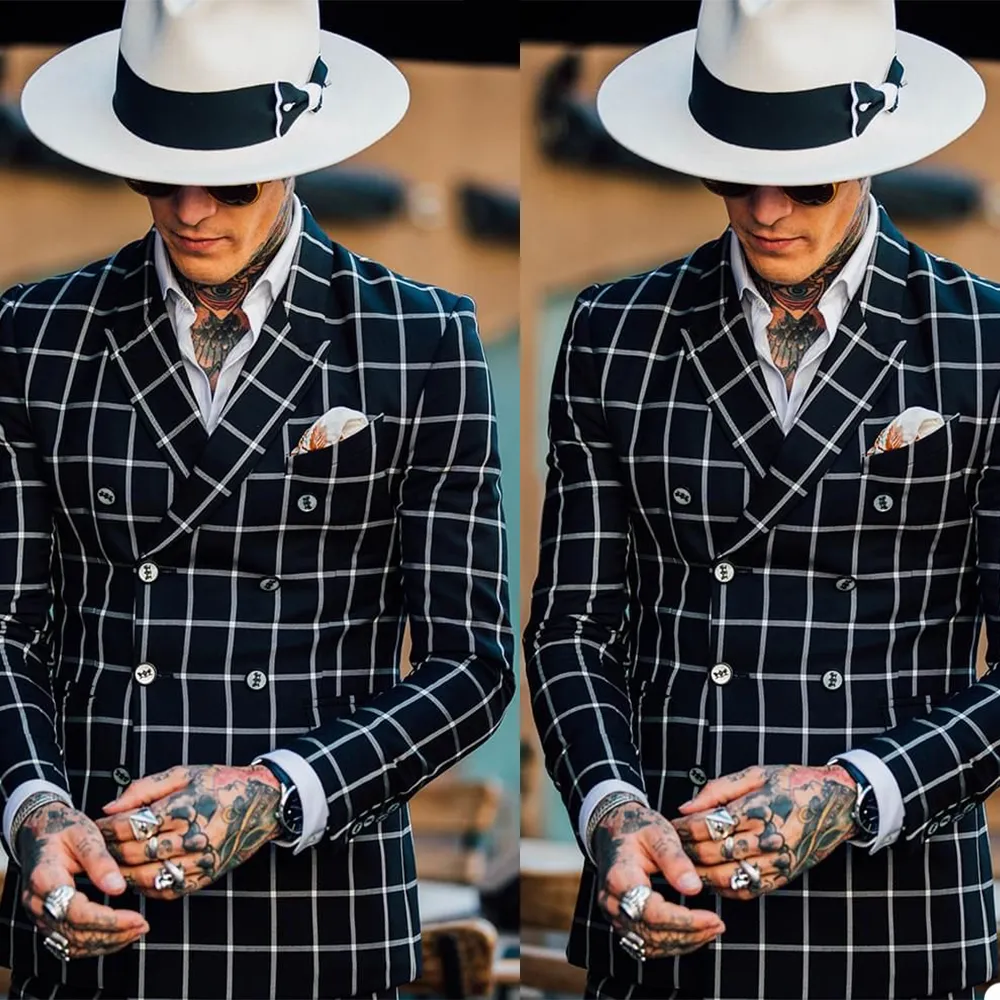 Double Breasted Check Mens Wedding Tuxedos Peaked Lapel Groom Wear Formal Dinner Prom Party Blazer Suits(Jacket+Pants)