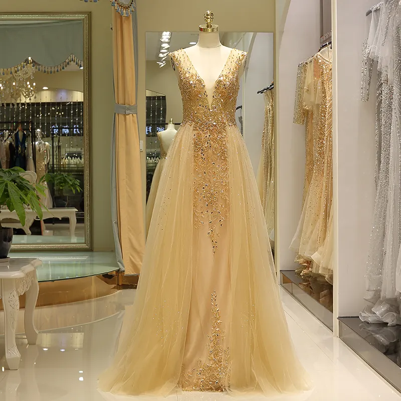 Custom-made Gold yellow gown for wedding with Rhinestone Beading, Lace Applique, and Court Train for Girls - Perfect for Weddings