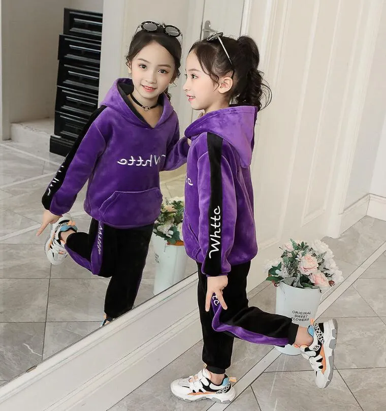 Kids Thick Velvet Sports Suit Set Girls Zip Up Hoodies And