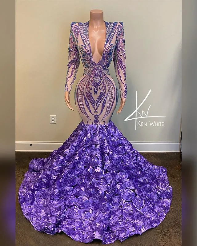 Vestidos de desfile de noite sereia roxo lilás 2021 imagem real manga longa renda lantejoulas 3D floral baile de formatura vestidos formais vestes