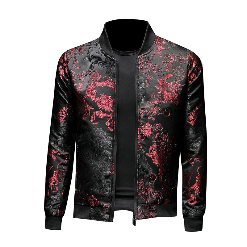 Mode Mäns Blom Jackor Broderi Blomma Snygg Bomber Jacka Män Zipper Pocket Ytterkläder Coat Manlig Slim Fit Veste Man