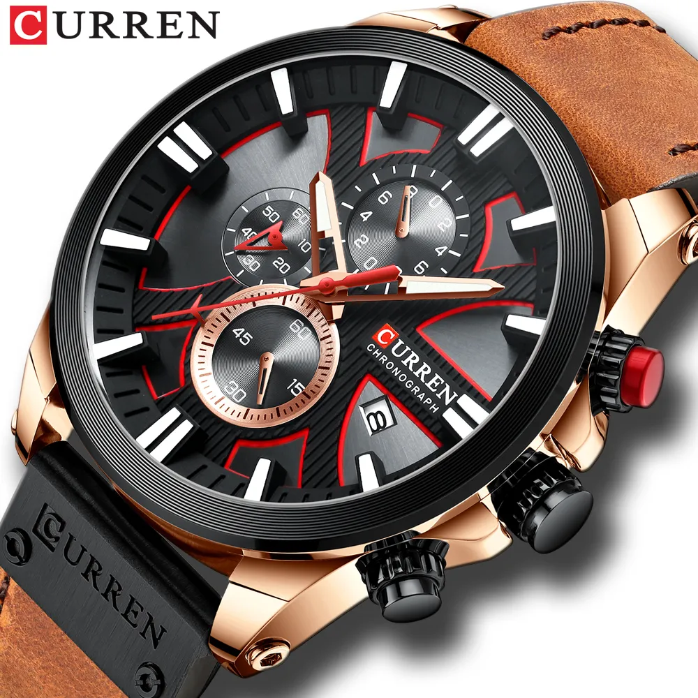 CURREN Watch Chronograph Sport Mens Watches Top Brand Luxury Waterproof Leather Quartz Clock Men Wristwatch Relogio Masculino T200815