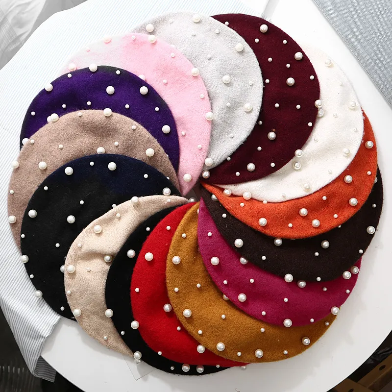 Vintage Wool Pearl Beret Cap Women Hat Autumn Winter Warm Beading Baret Caps Ladies Solid Color Painter Hats WCW976