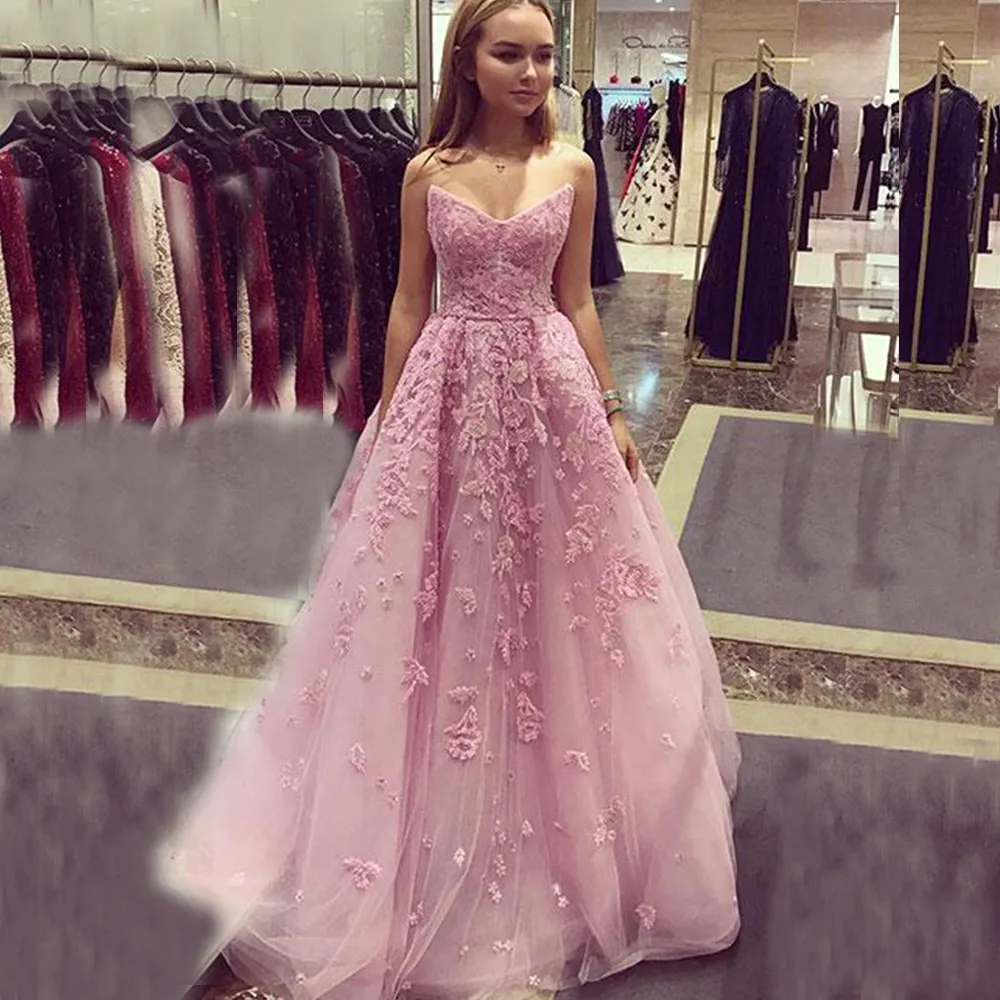 Roze Prom Dress Applique Lace Avond Party Dress Off Shoulder Gown Robe de Soiree V-hals Formele Toga Gir Jurk Liefde