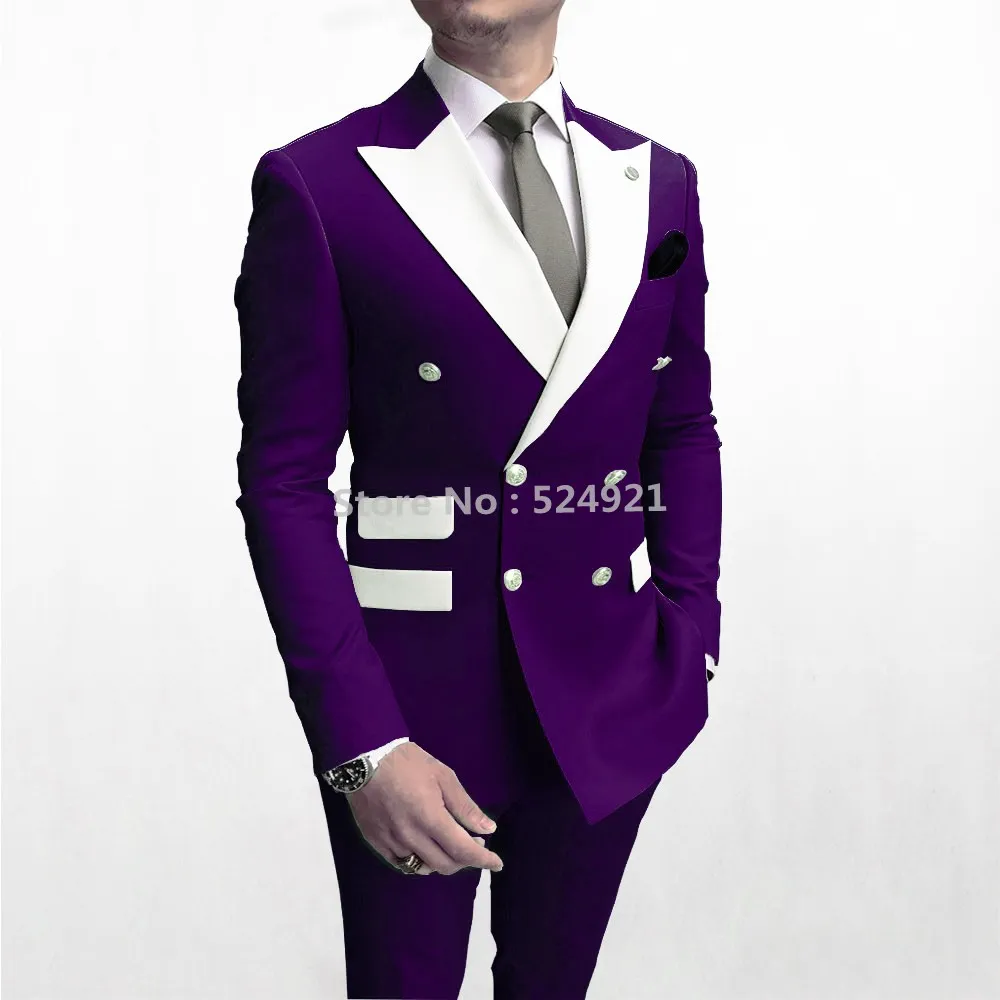 Double Breasted Men Suits Purple And White Groom Tuxedos Peak Lapel Groomsmen Wedding/Prom Best