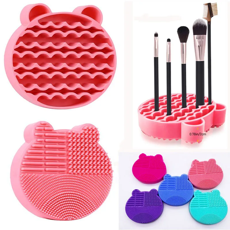 Pinceaux de maquillage Brosse de nettoyage en silicone Tampon de lavage 2 en 1 Tapis de nettoyage de brosse cosmétique Plateau de séchage Brosse Tampon à récurer Outil de maquillage de nettoyage