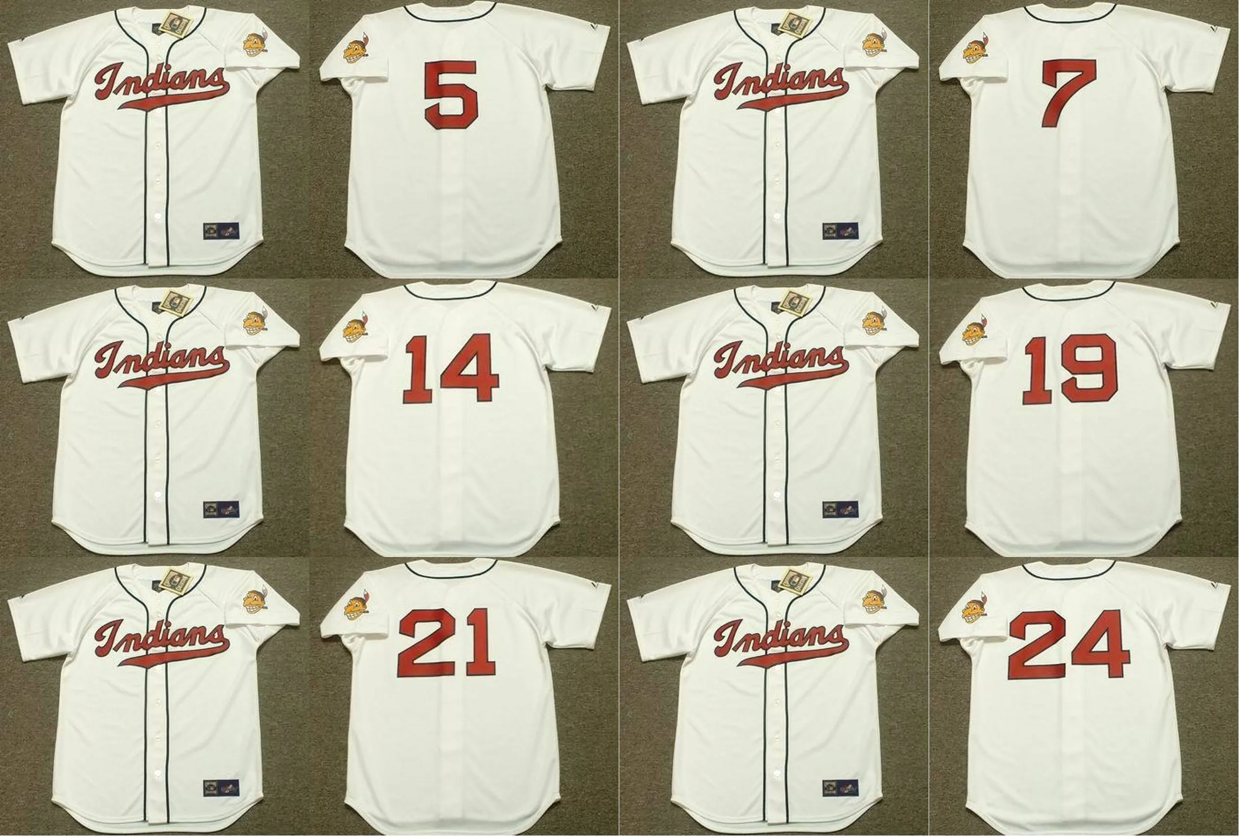 Cleveland 24 Erken Wynn 14 Larry Doby 19 Feller 7 Al Rosen 5 Lou Boudreau 21 Bob Lemon 29 Satchel Paige Beyzbol Jersey ed