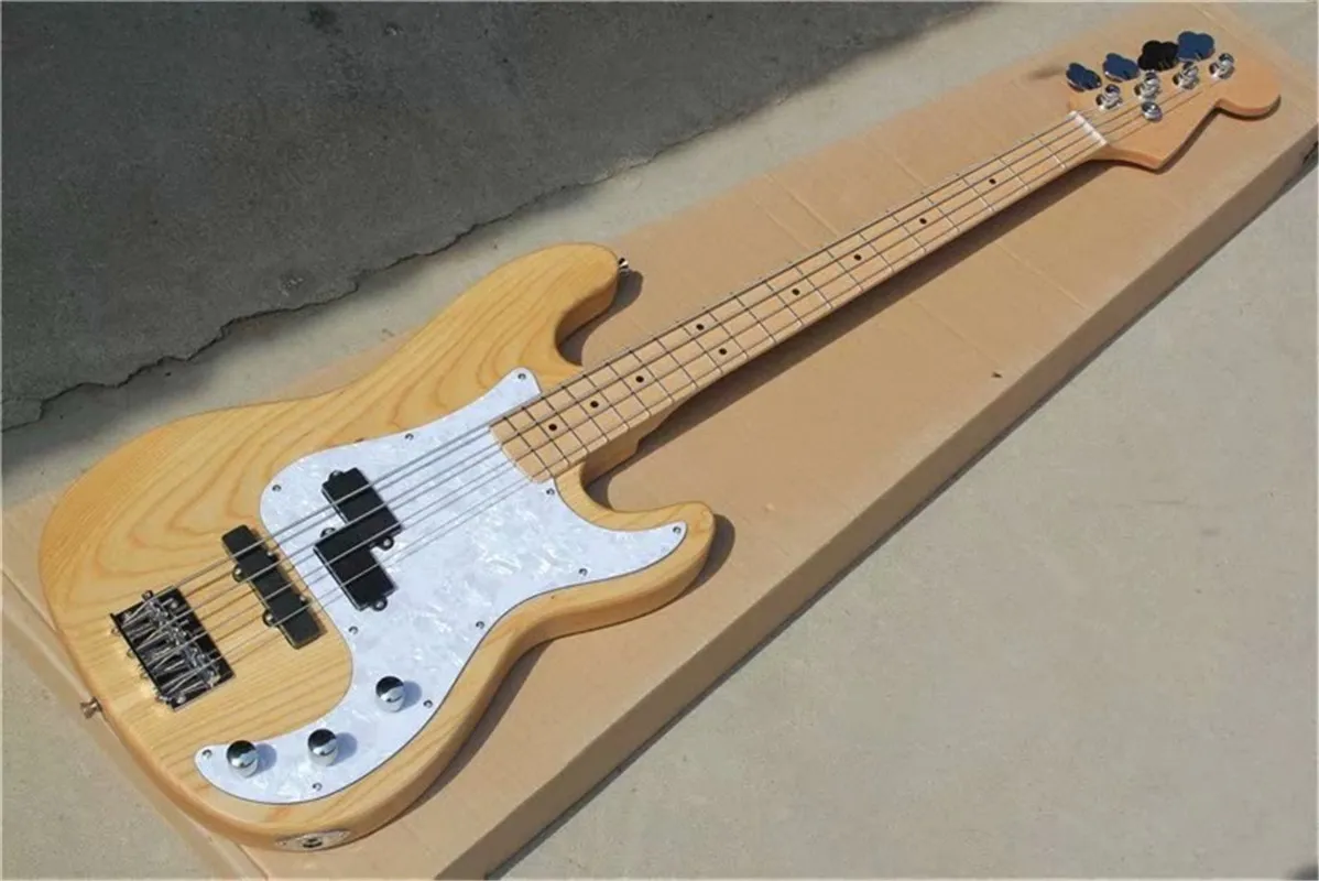 4 Strings Ash Original Body Electric Bass Guitar with Chrome Tuners and Bridge,White Pearl Pickguard,Can be customized