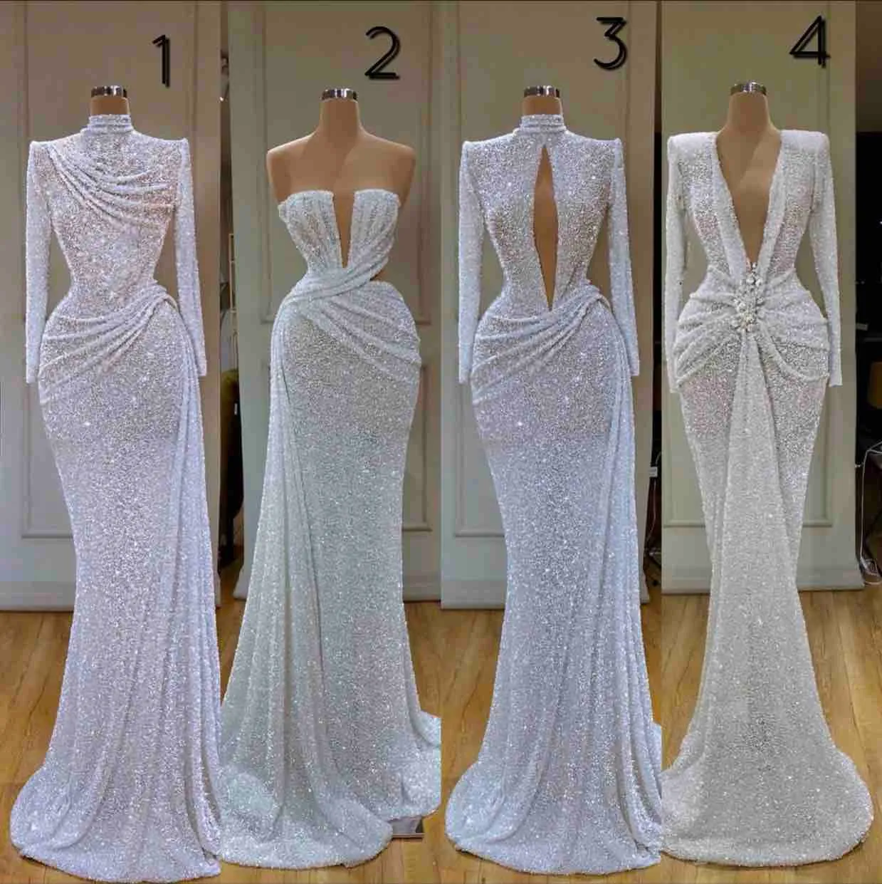 Najnowszy Glitter Syrenki Suknie Wieczorowe Wysokie Kołnierz Cekiny Zroszony Z Długim Rękawem Sweep Pociąg Formalne Party Suknie Custom Made Long Prom Dress