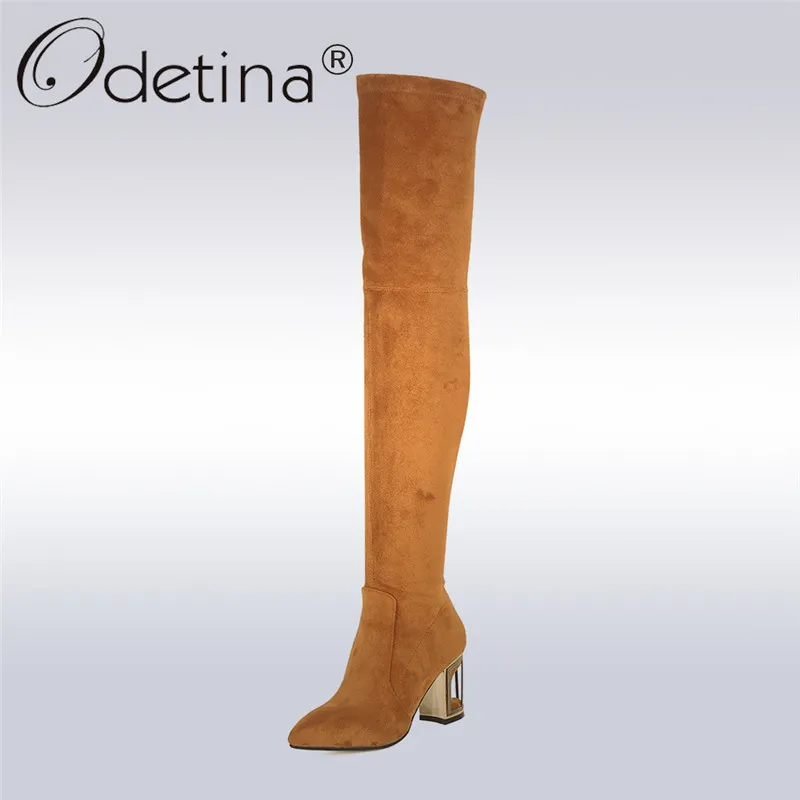 Odetina 2020 nuevo de la manera del cuero genuino de ante Botas sobre la rodilla de la greca altos talones atractivos de invierno de arranque tamaño de los zapatos de Big 33-43