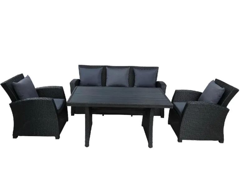 Klassisk Ute Uteplats Möbel Set 4-Piece Conversation Set Black Wicker Furniture Sofa Set med mörkgrå kuddar WY000055AAB