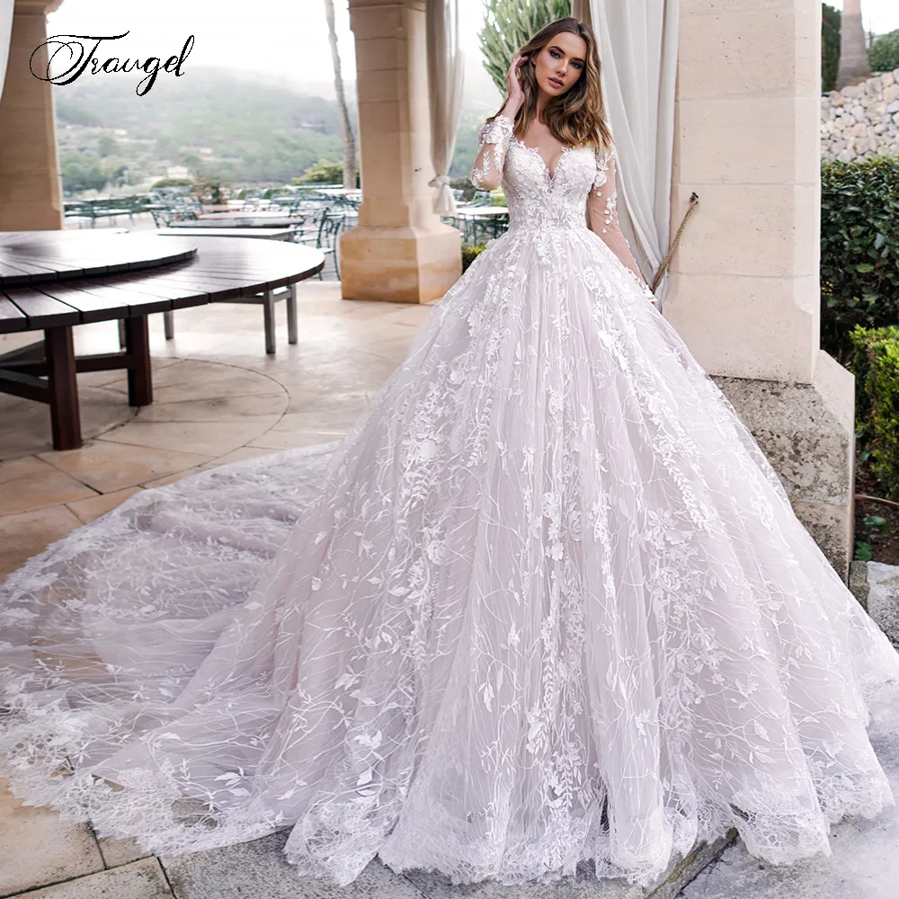 Traugel Scoop A Line Abiti da sposa in pizzo Abito da sposa con bottoni a maniche lunghe con applique elegante Abito da sposa con strascico da cattedrale Taglie forti