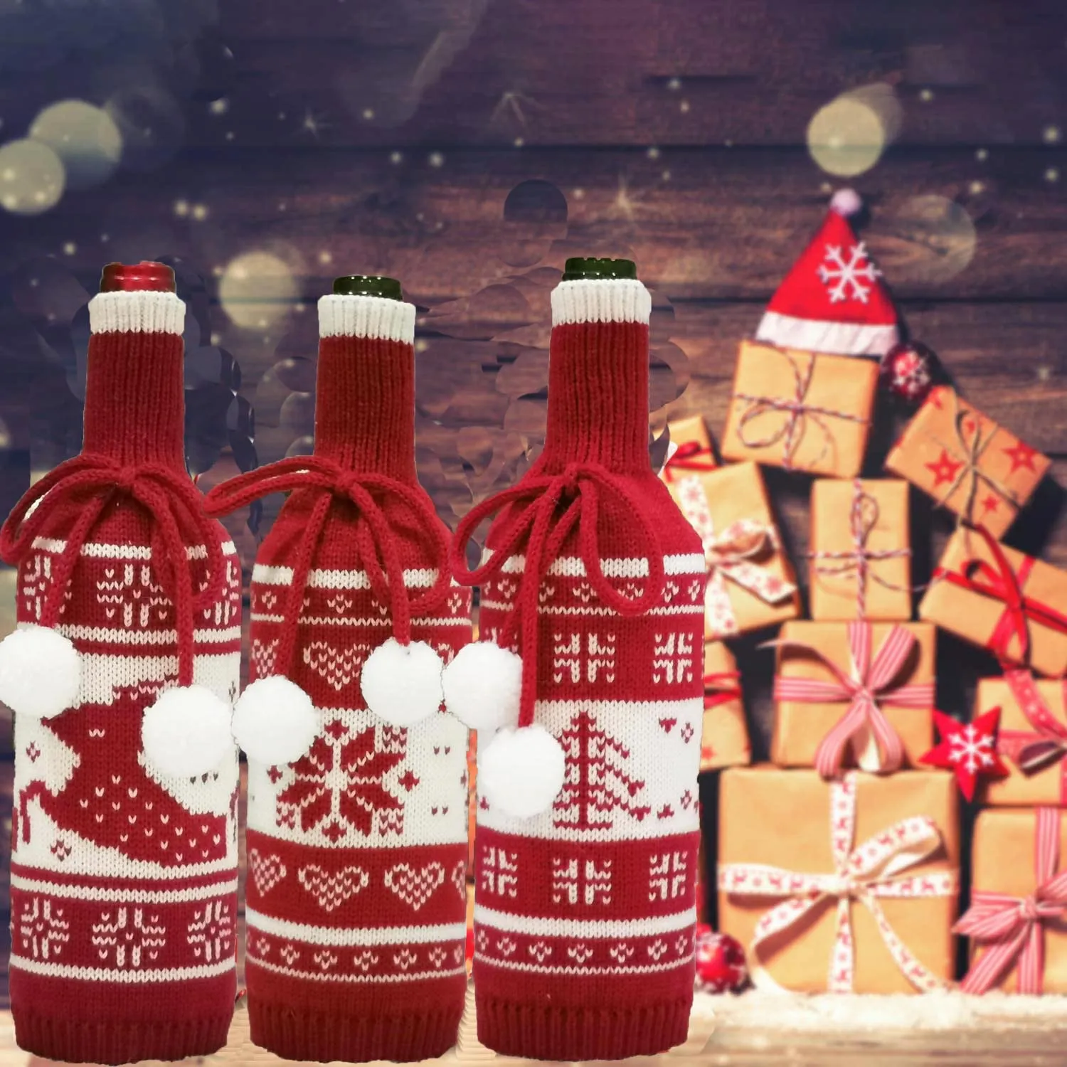 Couverture de bouteille de vin de noël décoration créative pour le dîner couverture fête ensemble de bouteilles de vin tricotées ensemble de bouteilles de vin de noël