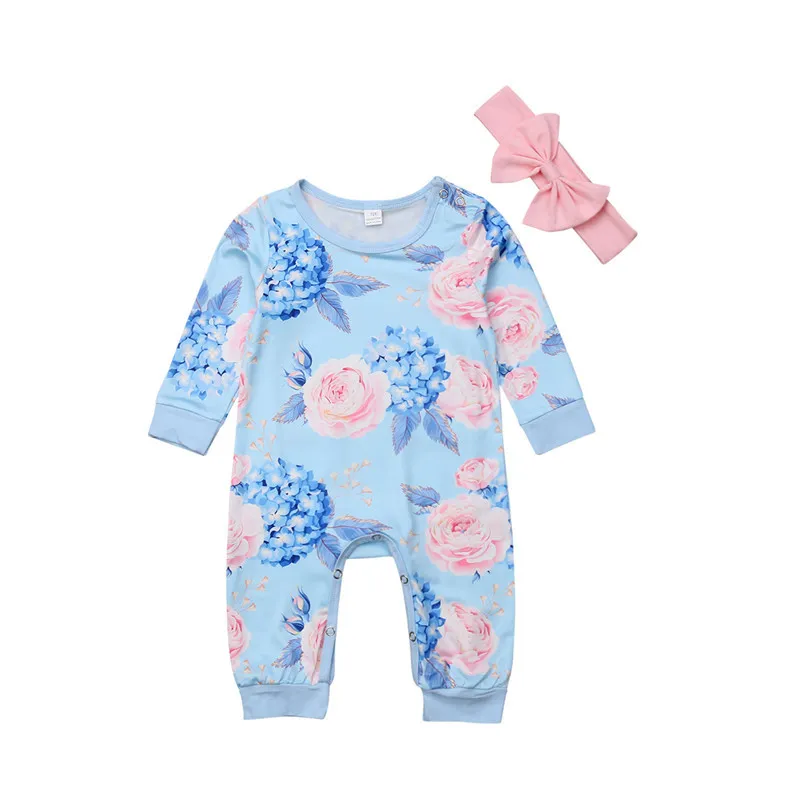 Floral Long Sleeve Romper Set For Newborn Girls With Headband Baby