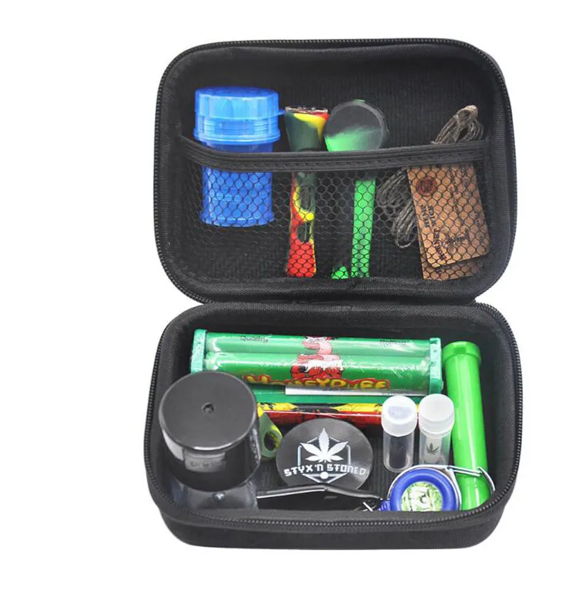 12pc Tobacco Bag Set plástico Smoking Herb Grinder armazenamento Jar metal Tin Silicone cachimbo Um Hitter Dugout Rolling Machine GGA3745-4