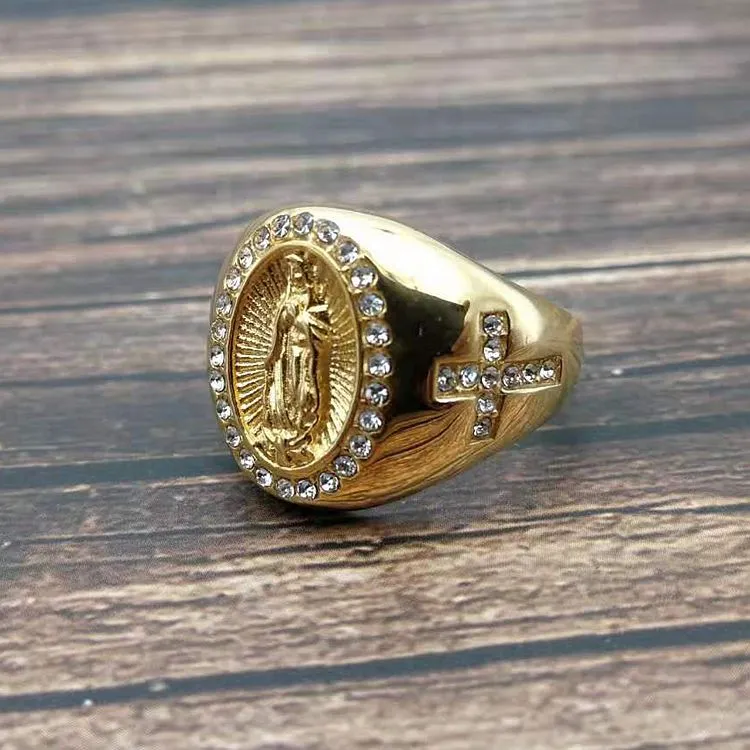 Virgin Mary Ring Mens Stainless Steel Jesus Ring Gold Filled Hollow Side Cross Sign Catholic Rings For Religious Jewelry