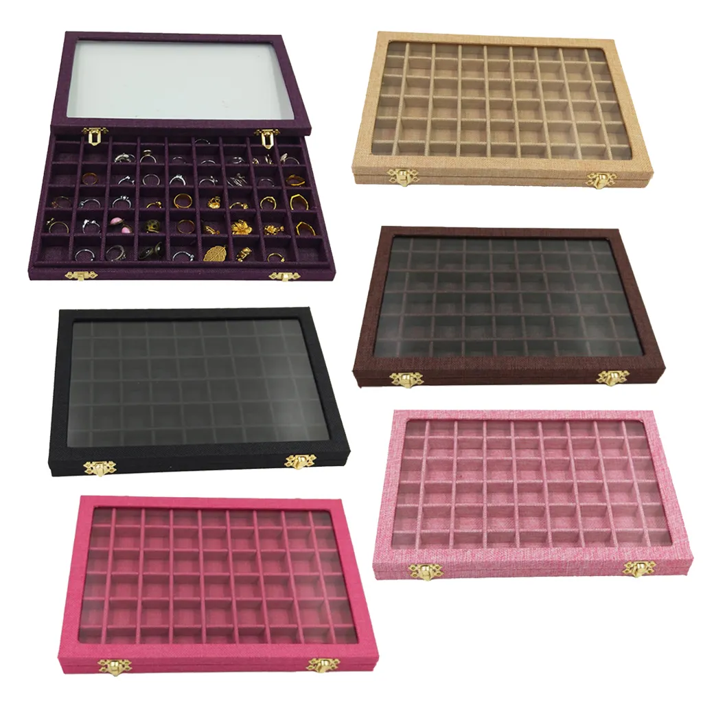 54 Mini Grids Clear Glass Lid Jewelry Tray Box Showcase Display Storage for Home Shop Counter Organizer Ring