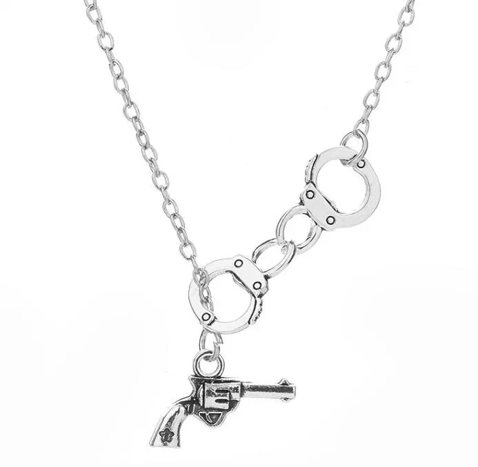 20pcs/lot Fashion Necklace Antique Silver Vintage Handcuffs Gun Charms Pendants Chain Necklace 42+5cm