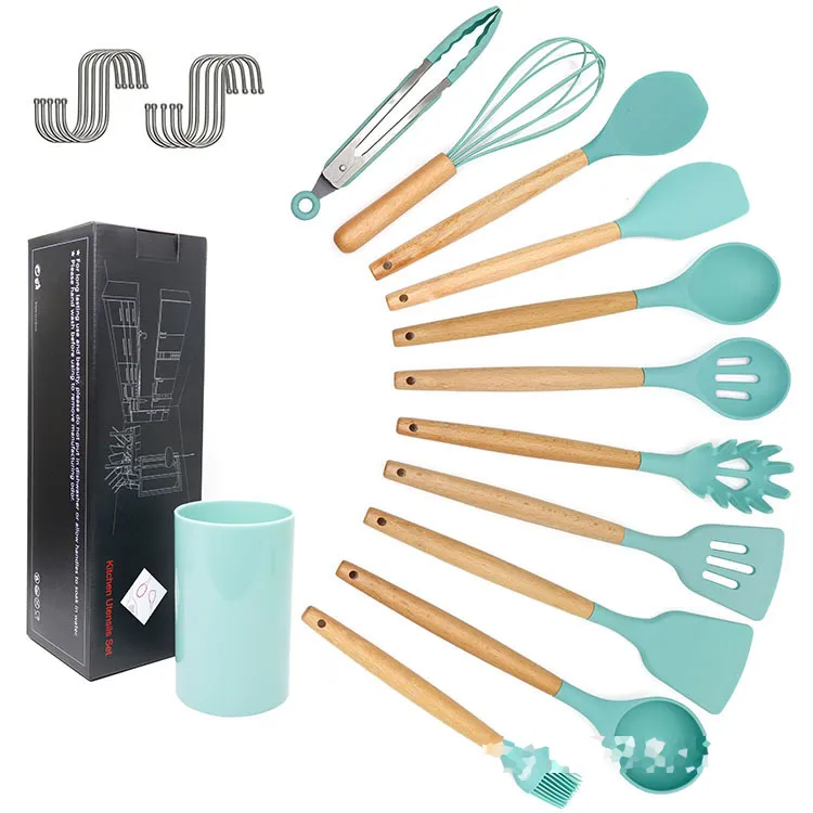 Elegante set di utensili da cucina in silicone da 12 pezzi con manico in legno: utensili