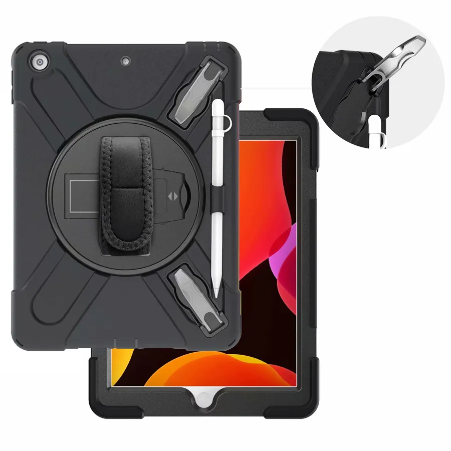 Three Layers Design Built-in Kickstand Multi-function Case with Strap for ipad 10.2 7 newipad 9.7 Screen protector hand strap