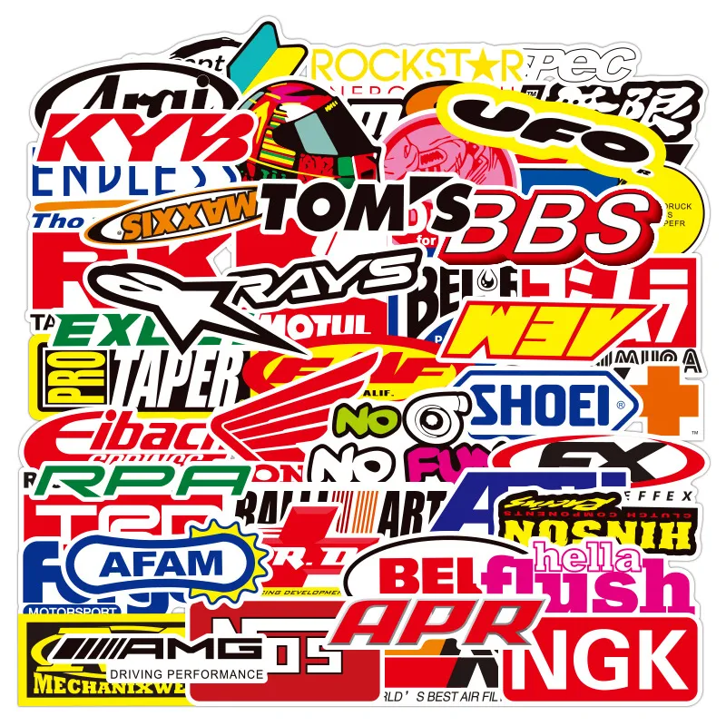 50 PCS Mixed Car Stickers Motorcycle Logos waterproof For Skateboard Laptop Fridge Helmet Pad Bicycle Bike PS4 Notebook Guitar PVC Decal