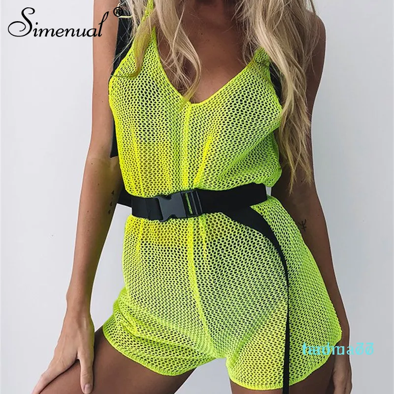 Fashion-Simenual Neon Green Mesh Jumpsuit Women V Neck Hollow Out Overalls Strap Backless Transparent Sexy Jumpsuits Summer Rompers Q190529