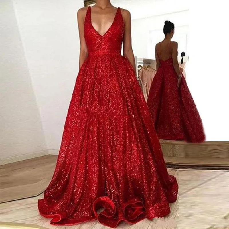 Robes de soirée sexy en paillettes rouges, décolleté en V profond, bretelles spaghetti, longueur au sol, dos nu, robes formelles, robes de bal