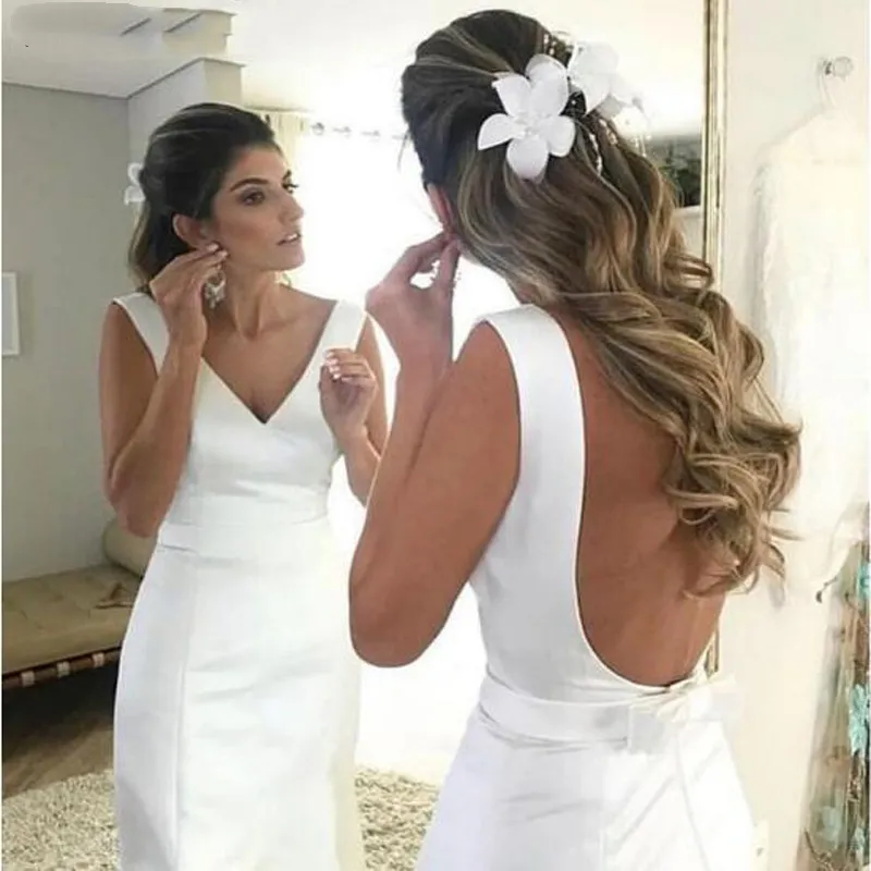 Simple White Satin Mermaid Suknie ślubne Sexy Backless V Neck Bow Sash Suknie Ślubne Sweep Pociąg SenVeless Bride Dress Vestidos de Novia