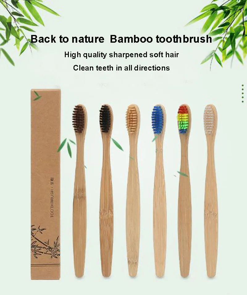 7 färger Huvud Bambu Tandborste Naturligt råhandtag Regnbåge Färgglad tandborste Mjuk borst Miljövänlig