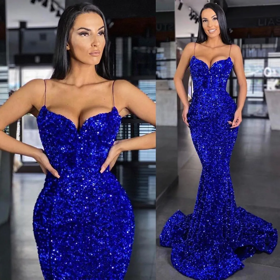 Sparkly Blue Mermaid Zroszony Prom Suknie Cekinowe Spaghetti Paski Neck Suknie Wieczorowe Bez Rękawów Sweep Sweet Dress