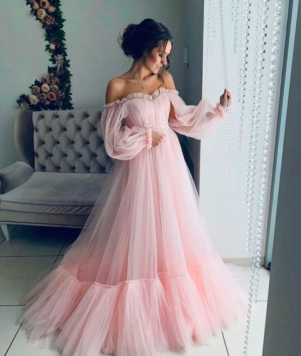 Long Sleeve Formal Dresses Blush Pink Off Shoulder A Line Long Sleeves  Maternity Evening Gown In