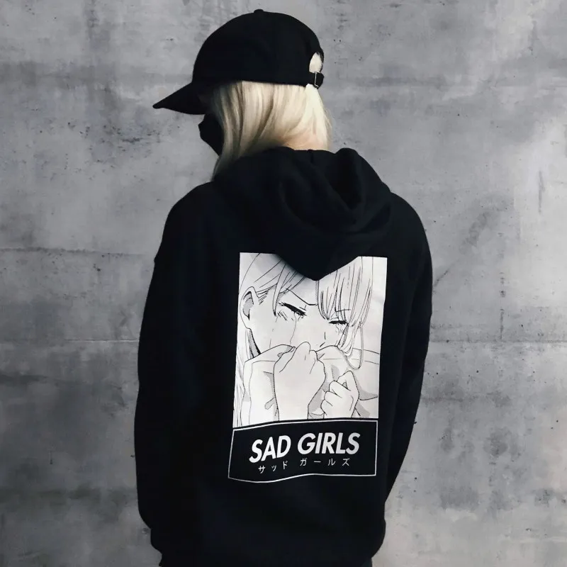 Kvinnor Män Hoodie Sweatshirt Otaku Sad Flickor Skriva långärmad Anime Kpop Kläder Streetwear Oversized