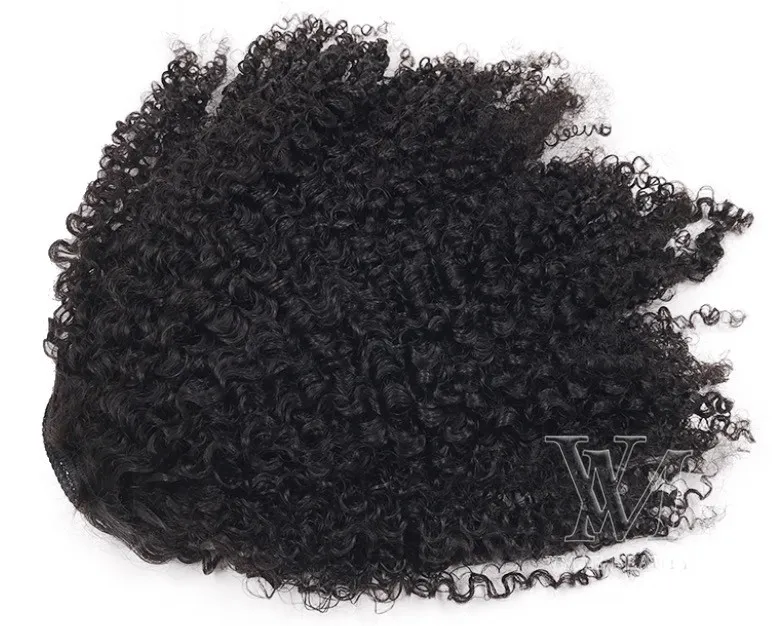 Mongol No enredo no sheddin Afro Curly costum 3c Cordón Cola de caballo Negro natural 12 a 26 pulgadas 120g Tejido de cabello humano Lazos de banda elástica