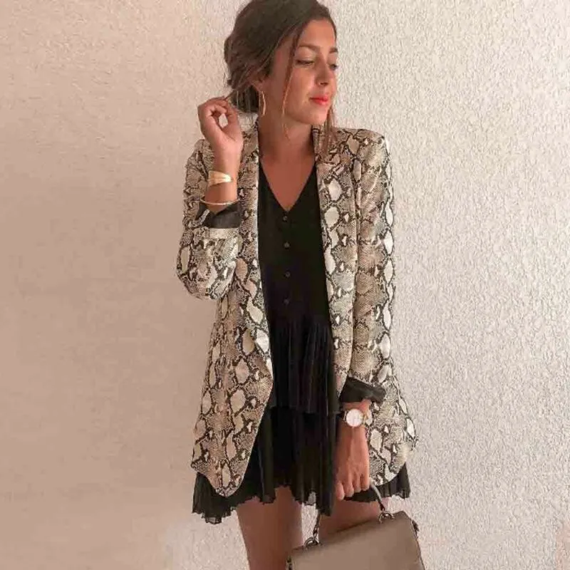 Kvinnors Jackor Kvinnor Ladies Snakeskin Långärmad Väskor Cardigan Coat Office Jacka Sexig Snake Mönster Leopard 2021 Fashion Plus S-XL